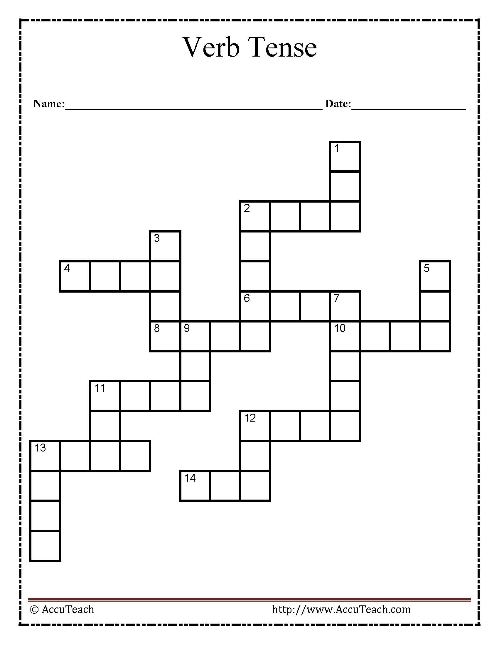 Verb Tense Crossword Puzzle Worksheet - Free Printable Crossword Puzzles For 6Th Grade