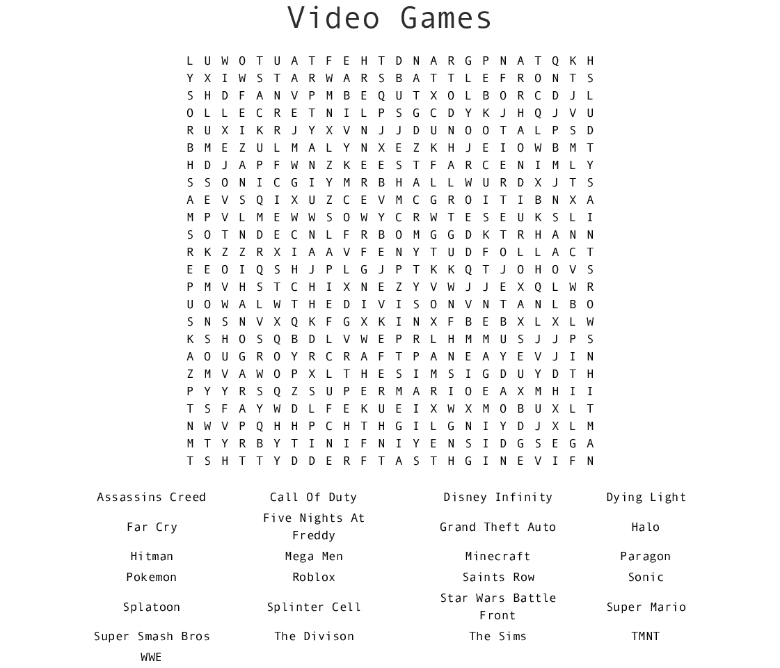 Video Games Word Search - Wordmint - Printable Crossword Puzzles Video Games