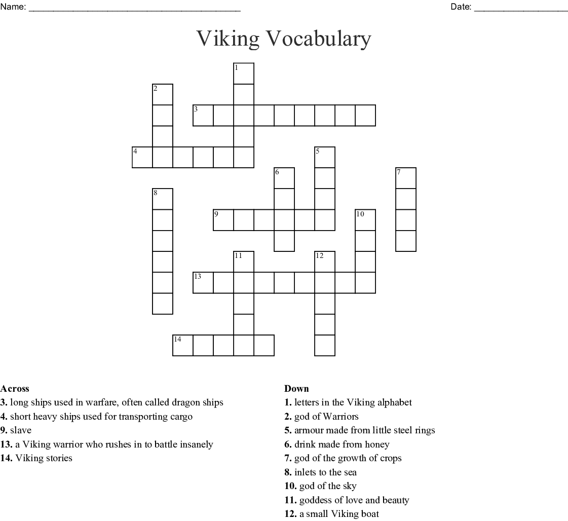 Vikings Letters Crossword - Printable Viking Crosswords