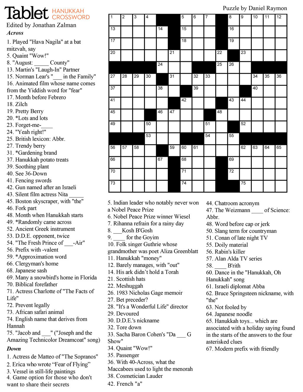 Wind Down With Our Hanukkah Crossword Puzzle! – Tablet Magazine - Fill In Crossword Puzzles Printable