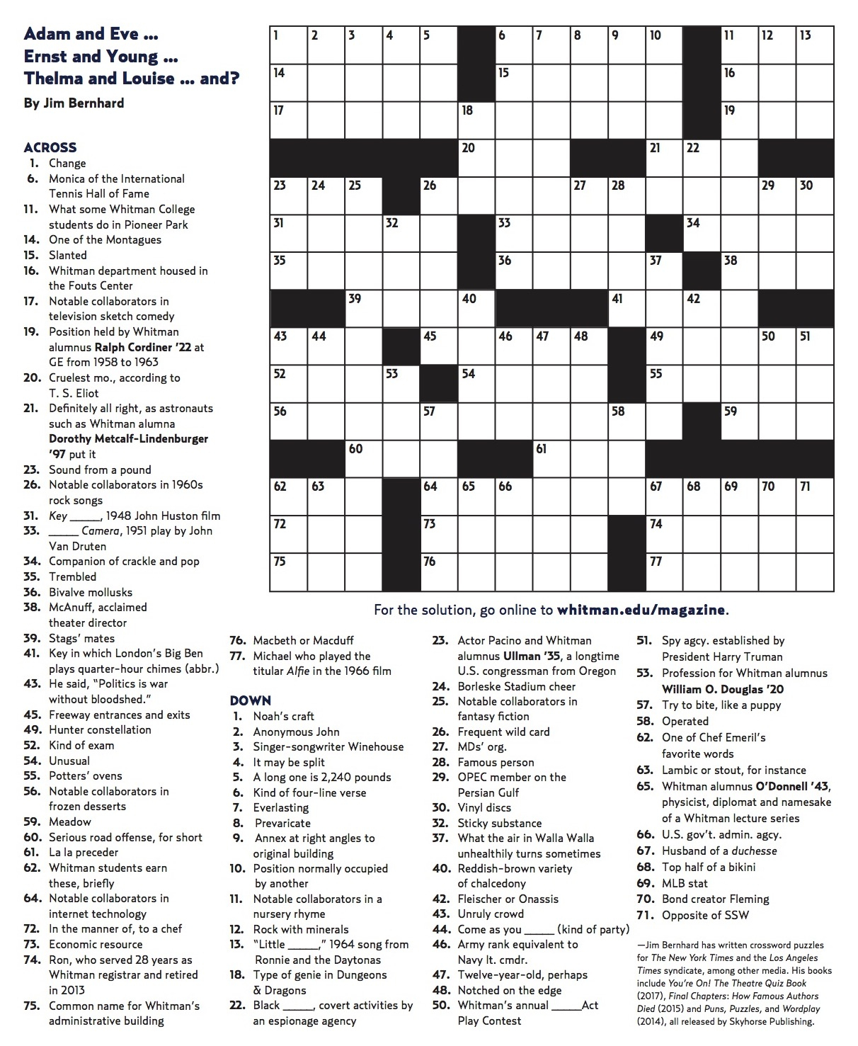 Winter 2018 Crossword | Whitman College - Printable Crossword 2018