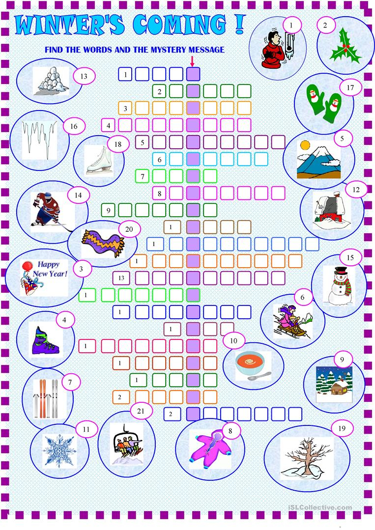 Winter : Crossword Puzzle With Key Worksheet - Free Esl Printable - Printable Winter Crossword Puzzle