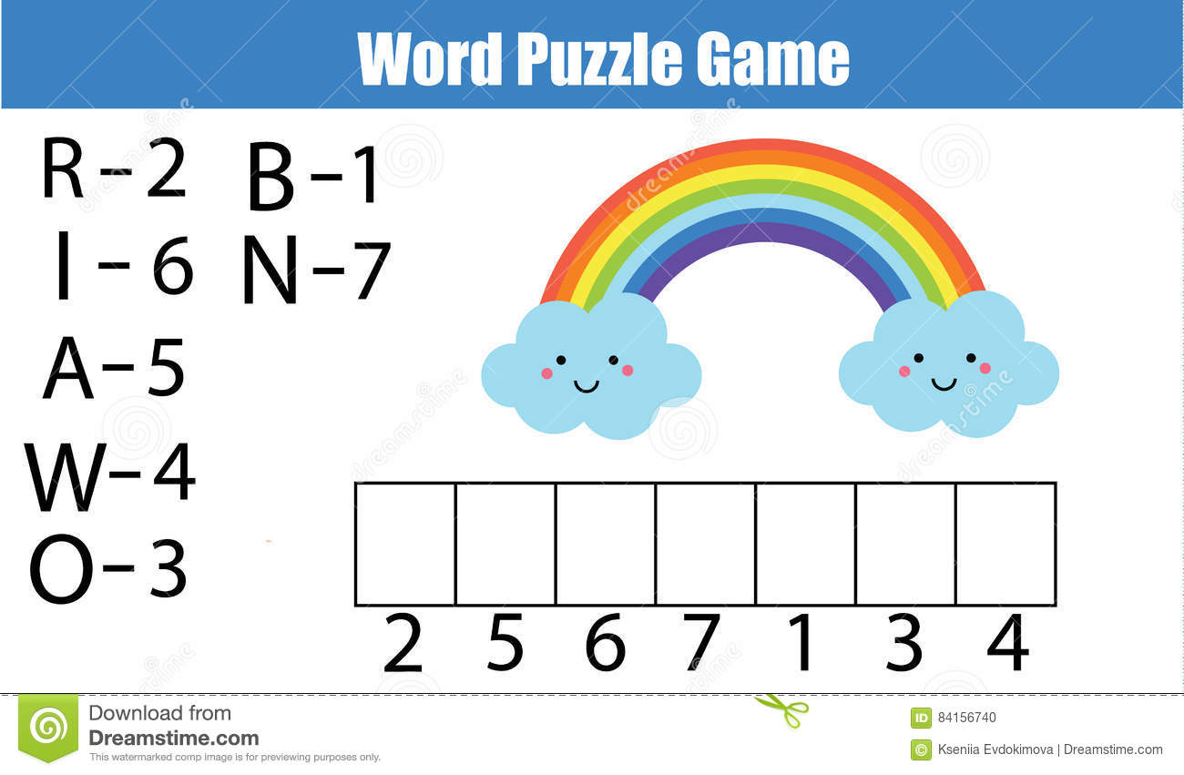 Words Puzzle Children Educational Game With Numbers Code. Stock - Printable Rainbow Number Puzzle