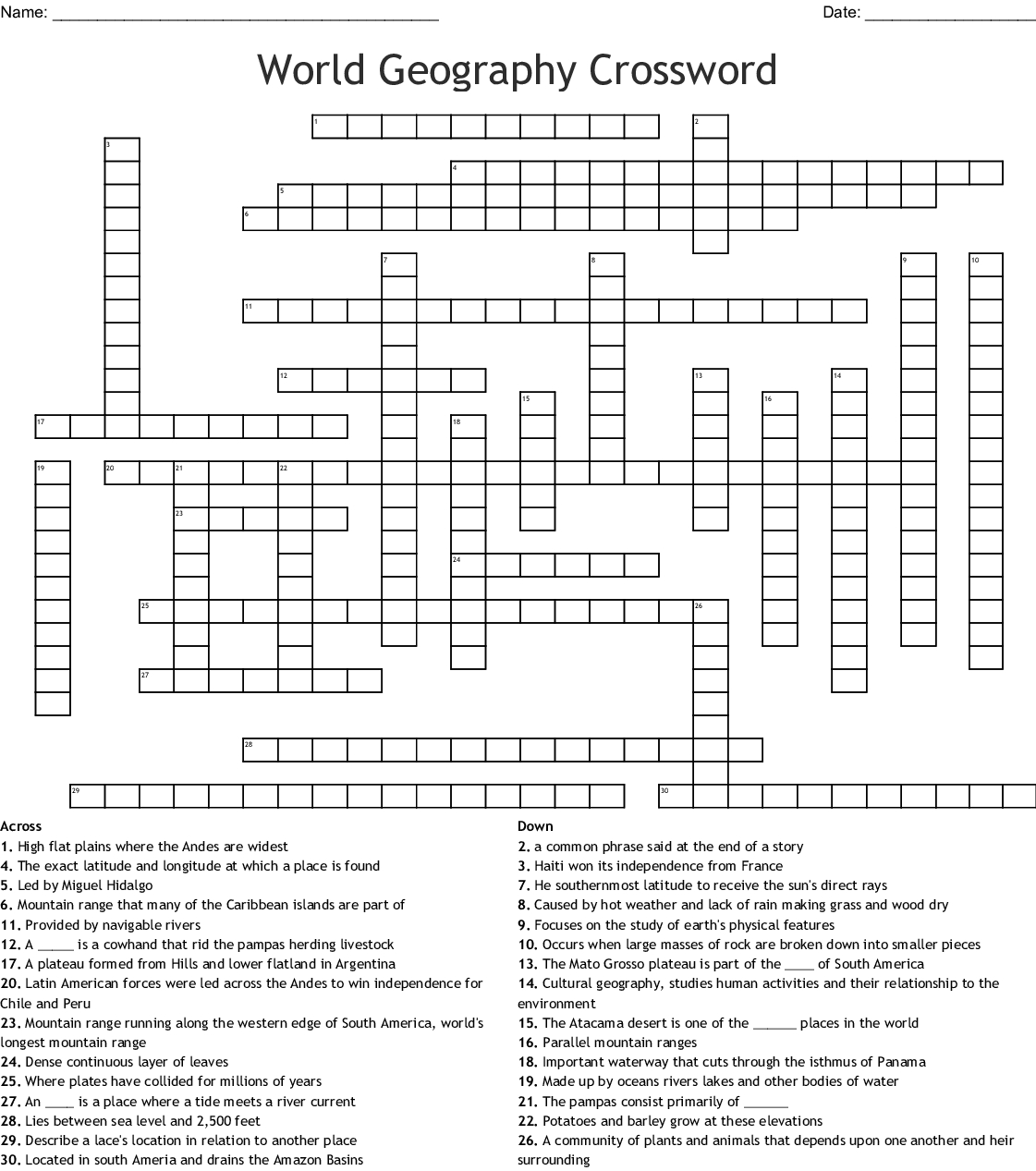 World Geography Crossword - Wordmint - Printable Geography Crossword