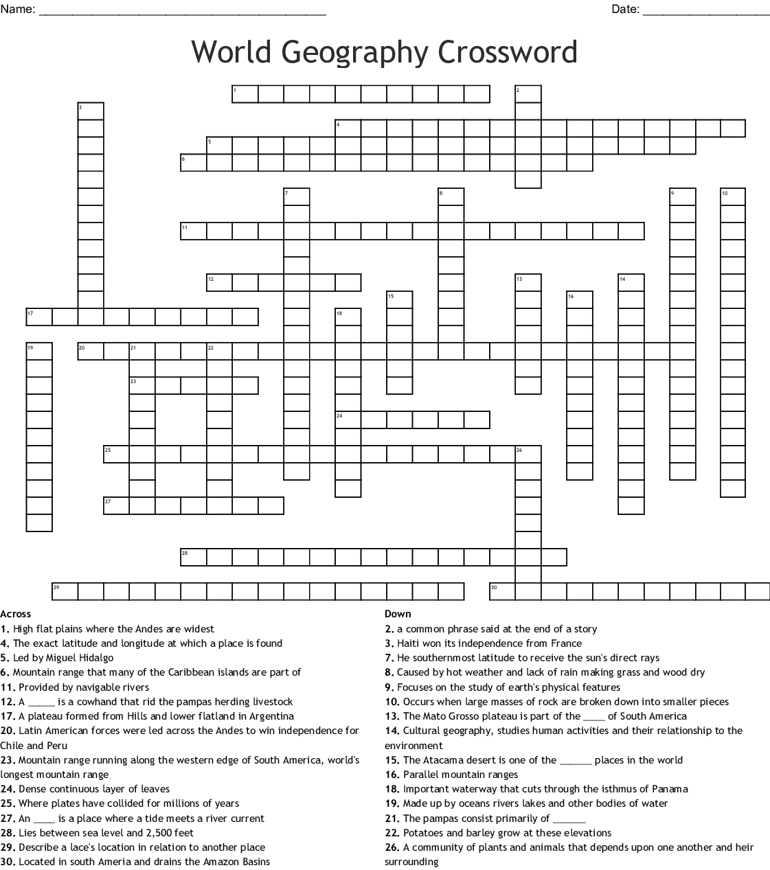 World Geography Crossword - Wordmint - Printable Geography Puzzles