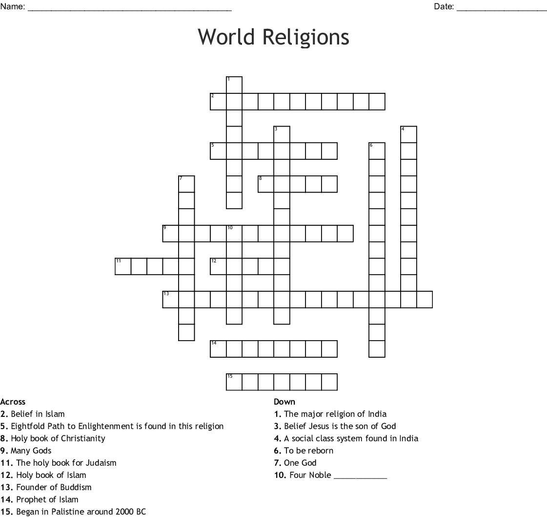 World Religions Crossword - Wordmint - Religious Crossword Puzzle Printable