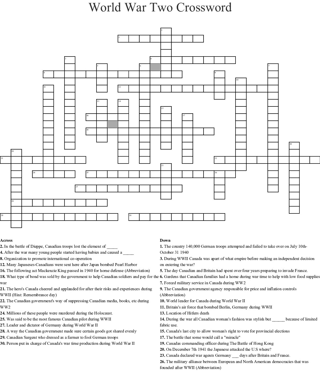 Wwii Crossword Puzzle Printable Printable Crossword Puzzles