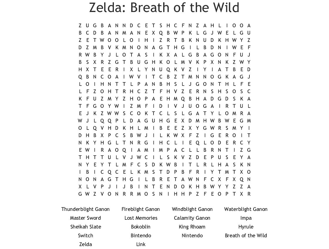 Zelda: Breath Of The Wild Word Search - Wordmint - Zelda Crossword Puzzle Printable