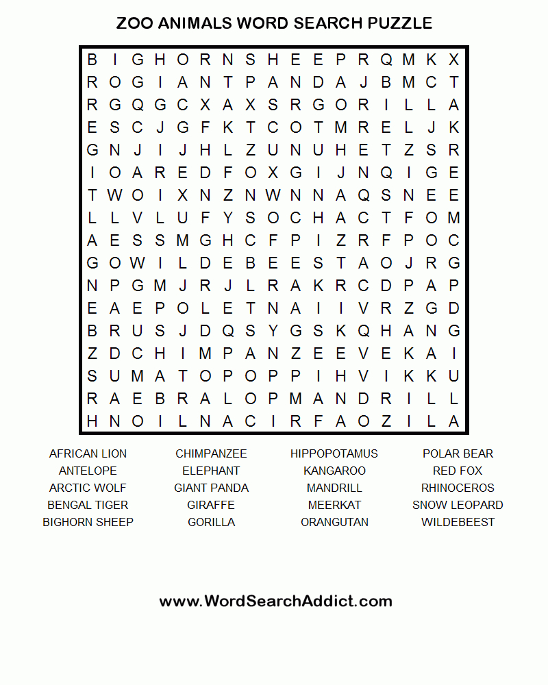 Zoo Animals Word Search Puzzle | Zoo Day Games | Word Puzzles - Print Puzzle Nz