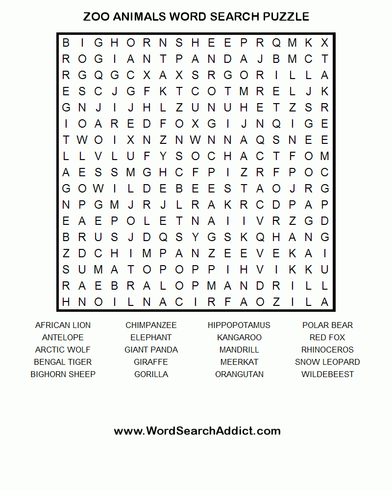 Zoo Animals Word Search Puzzle | Zoo Day Games | Word Puzzles - Printable Crossword Animal